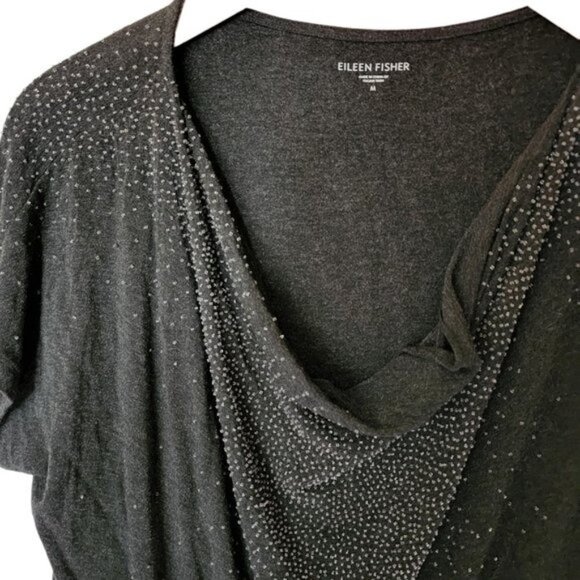 Eileen Fisher Beaded Charcoal Black Cowl Neck Top Tee size M Medium - Picture 3 of 10